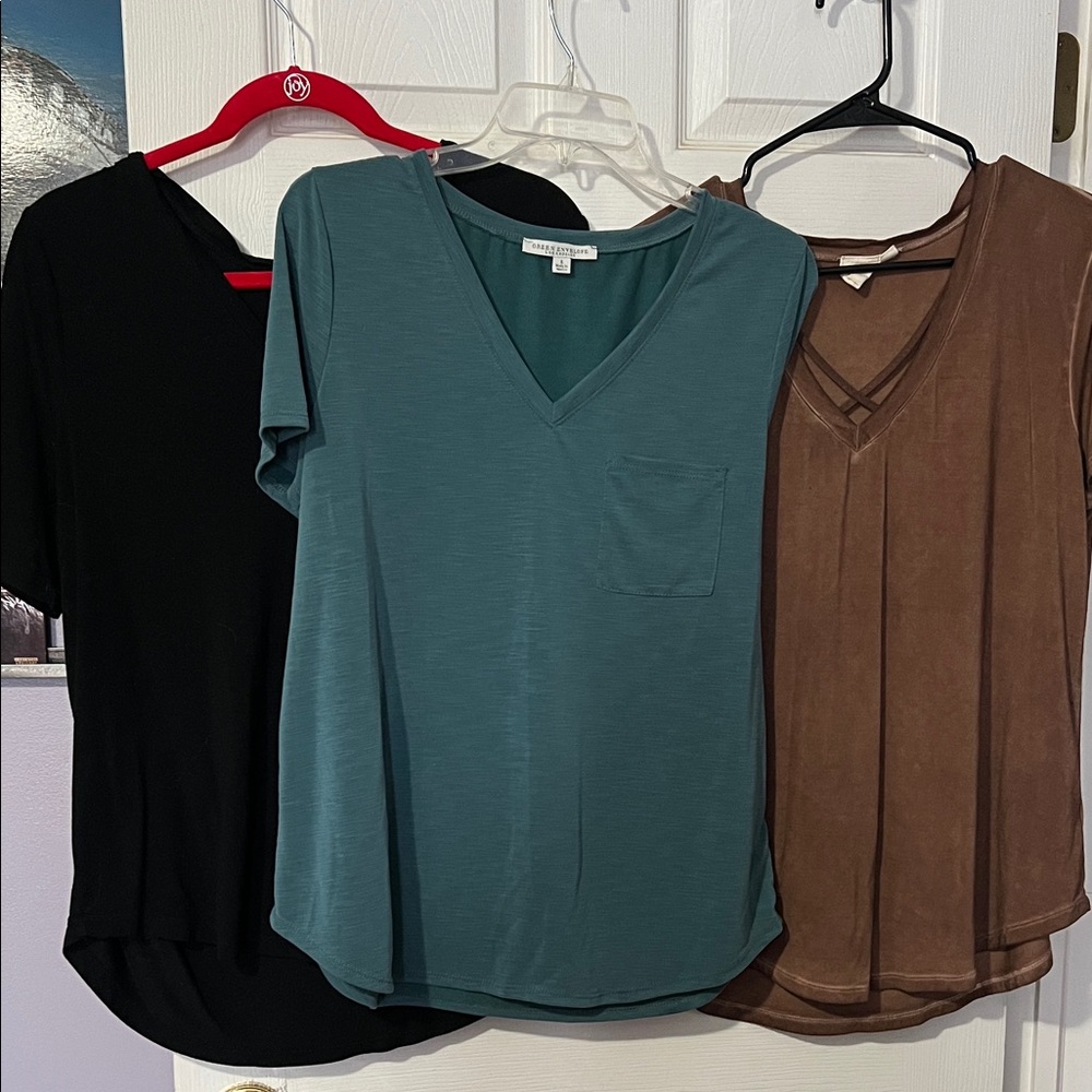 3 V-Neck Tops - Black, Teal, Brown  GREEN ENVELOPE / WHITE CROWN / A NEW DAY